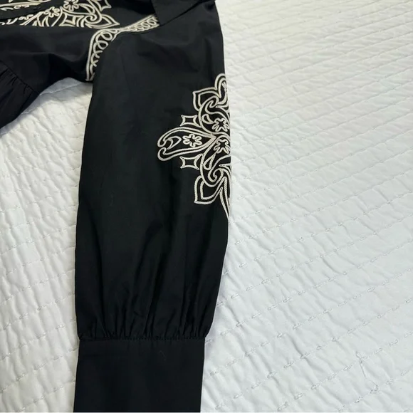 Elegant Button Down Black and Cream Embroidered Long Puff Sleeve Mini Dress - Picture 12 of 16